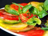 Celle qui se croyait chez Alain Passard…carpaccio de tomates multicolores aux trois basilic et à la ciboulail
