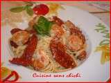 Spaghettis aux gambas, tomates séchées et basilic