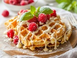 Gaufres au chocolat blanc, framboises et basilic