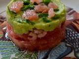 Grey shrimps on a bed of grapefruit carpacio with avocado puree and Asian style dressing (en)