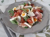 Salade gourmande aux accents d'Italie (apserges, pâtes, oeufs de caille, tomates, pancetta, parmesan...)