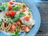 Spaghettis multigrains, poulet grillé et sauce crémeuse au pesto