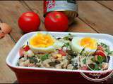 Salade de riz complète, aux haricots blancs, thon et œufs