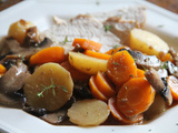 Filet de dindonneau au fond de veau, echalotes, champignons, pommes de terre, carottes