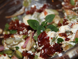 Salade de feves fraiches a l'emince de jambon de parme croustillant, chevre frais et marjolaine