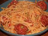 Spaghetti et boulettes de merguez en sauce tomate et petits pois