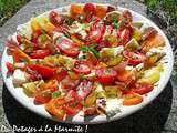 Salade tomates, mozzarella, mirabelles et coppa