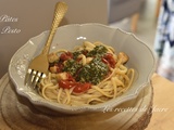Pâtes, tomates cerises, pétoncles et pesto