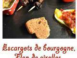 Escargots de Bourgogne, flan aux girolles et réduction de vin rouge