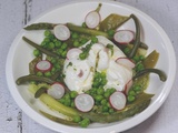 Légumes verts en salade burratinas et pesto de petits pois