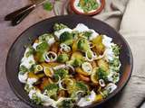 Salade de pommes de terre et brocoli aux épices fromage blanc et pesto de coriandre
