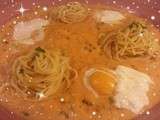 Oeufs pochés sauce basilic et ses nids de spaghettis