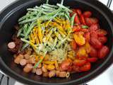 One pot pasta saucisses, tomates, haricots verts