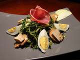 Salade de pissenlits, coppa et foie gras