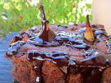 Gâteau fondant Belle-Hélène : poires, courge, châtaigne, coulis au chocolat