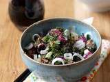 Salade de bœuf aux oignons nouveaux, herbes fraiches et sauce soja