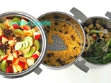 Feu et 3 cuissons étagées : Ratatouille, Millet aux raisins secs et compote Pommes Rhubarbe à la Badiane