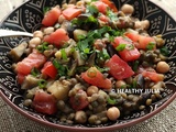 Salade de lentilles aux aubergines, tomates et pois chiches #vegan