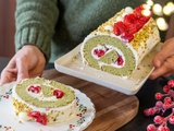 Bûche roulée génoise pistache framboises et chocolat blanc, facile et légère