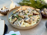 Tagliatelles forestières crémeuses au tofu fumé croustillant