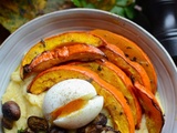 Polenta crémeuse champignons courge rôtie et oeuf mollet