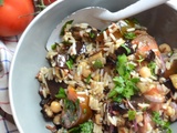 Salade de riz, aubergine rôtie, pois chiches et tomates #vég
