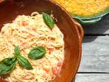 Spaghettis au lait coco, tomates, basilic