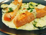 Filets de saumon grillés, courgettes fondantes et crème de fêta