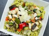 Salade de pâtes au pesto, poulet et légumes