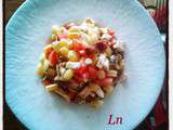 Salade de pâtes au poulet , tomates, mozzarella , jambon cru , basilic et tomate séchée