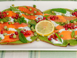 Crêpes vertes, sauce yaourt, truite et petits pois