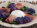 Salade de chou fleur violet aux betteraves, à la burrata et au jambon de Parme