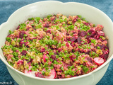 Salade de pois cassés à la semoule de petit épeautre, betterave, radis et persil