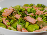 Salade de saumon aux fèves, pois gourmands et petits pois