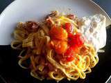Spaghetti carbonara aux tomates cerise et burrata