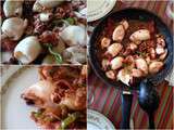 Comme une tapas : Chipirons (petits calamars)  au Chorizo de Pamplonne, piments verts doux et ail
