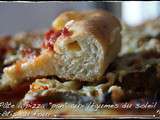 Pâte à pizza « pan » américaine, épaisse et moelleuse, bords fourrés au fromage, garniture aux légumes du soleil rôtis au four
