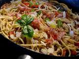 Spaghetti au Pesto d'Olives Tomates et Jambon Cru