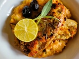 Pavés d'aubergines sur purée de haricots blancs