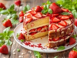Gâteau aux fraises d’ici, chocolat blanc et basilic