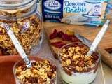 Douceur de brebis, compote de rhubarbe à la vanille et granola noisette