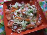 Salade de chou blanc, radis roses, champignons et saumon fumé