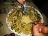 Spaghetti aux crevettes et petits pois, recette de mon fils