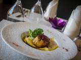 Dimitri Crouzet, Le d’Cartes : Raviole ouverte de foie gras, salpicon d’asperges et chutney de nectarine