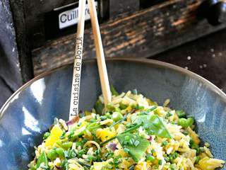 Riz aux pois gourmands, poivron et petits pois