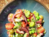 Salade d'inspiration grecque au poulpe, fèves & petits pois