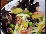 Salade de pommes de terre, petits pois frais, jambon cru