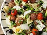 Mafaldine aux boulettes de merguez, asperges vertes, tomates cerise au four, olives noires et parmesan