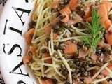 Spaghettis au saumon fumé, lentilles vertes du Puy, aneth et citron