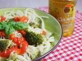 Spaghettis aux brocolis, poivrons grillés et huile de truffe